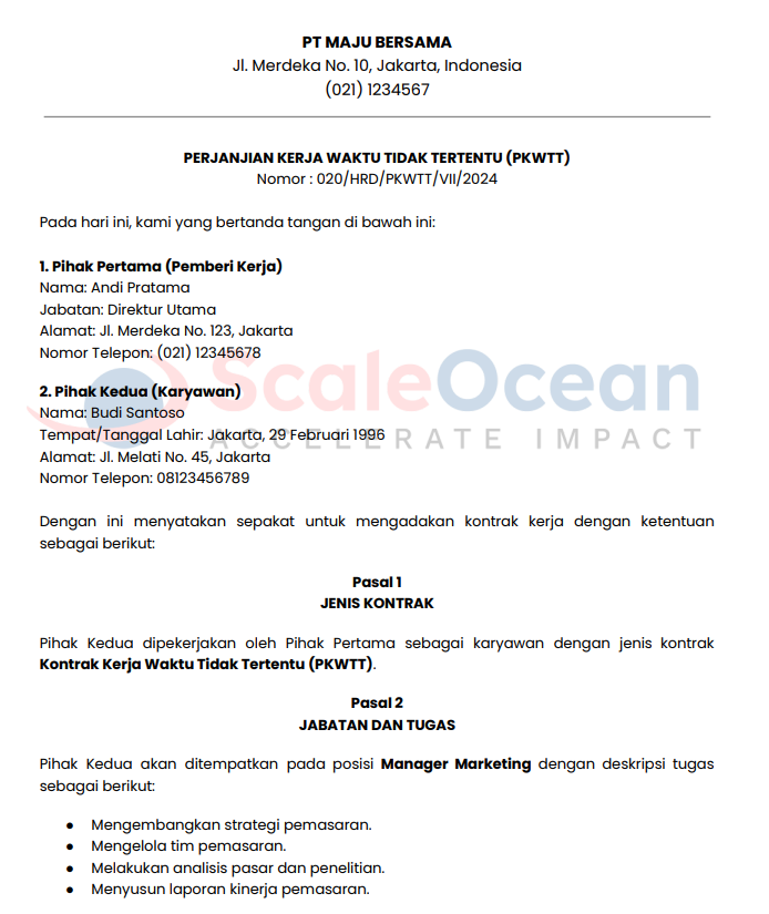 Contoh Kontrak Kerja Karyawan