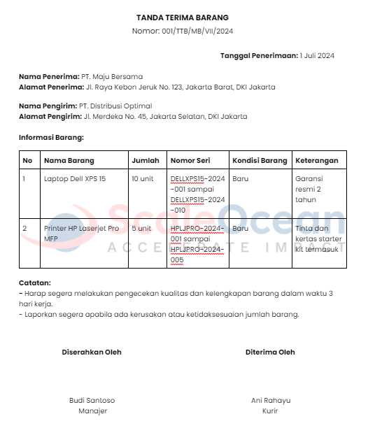 Contoh Format Tanda Terima Barang