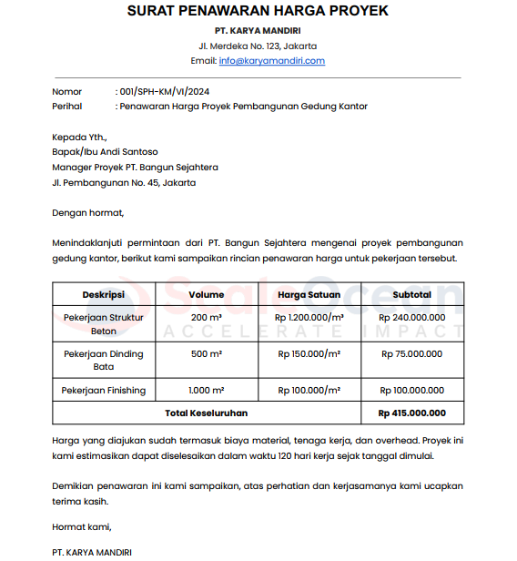 Contoh Surat Penawaran Harga Proyek