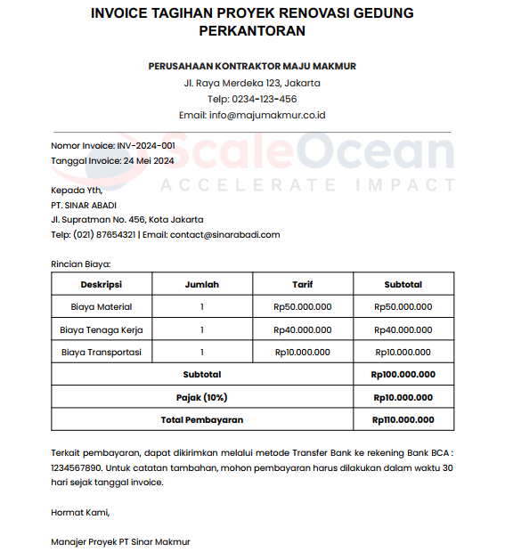 Contoh Invoice Tagihan Jasa Proyek
