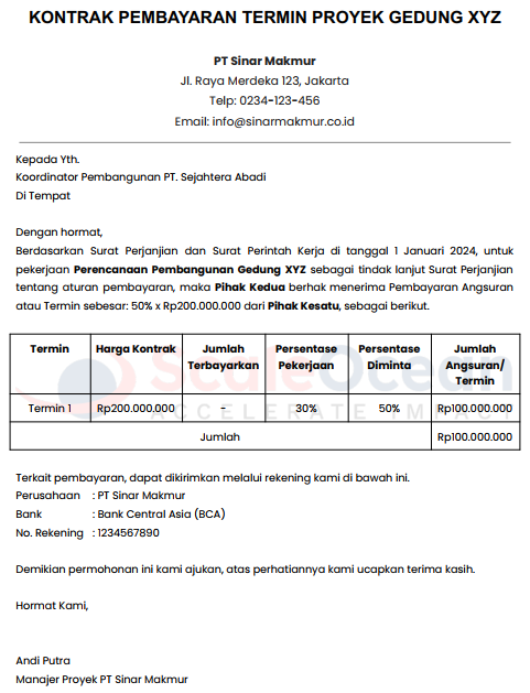 contoh kontrak pembayaran termin proyek