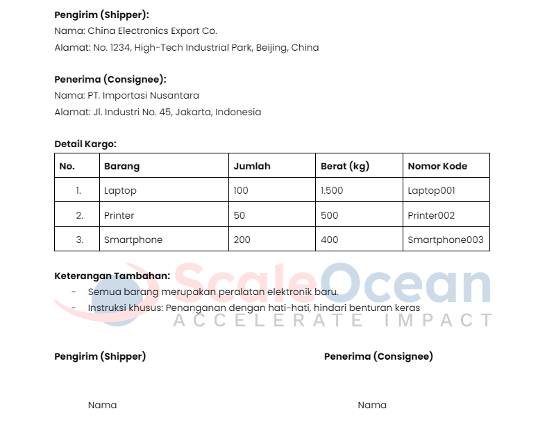 Contoh manifest cargo inward