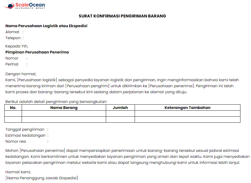 Contoh surat konfirmasi pengiriman barang