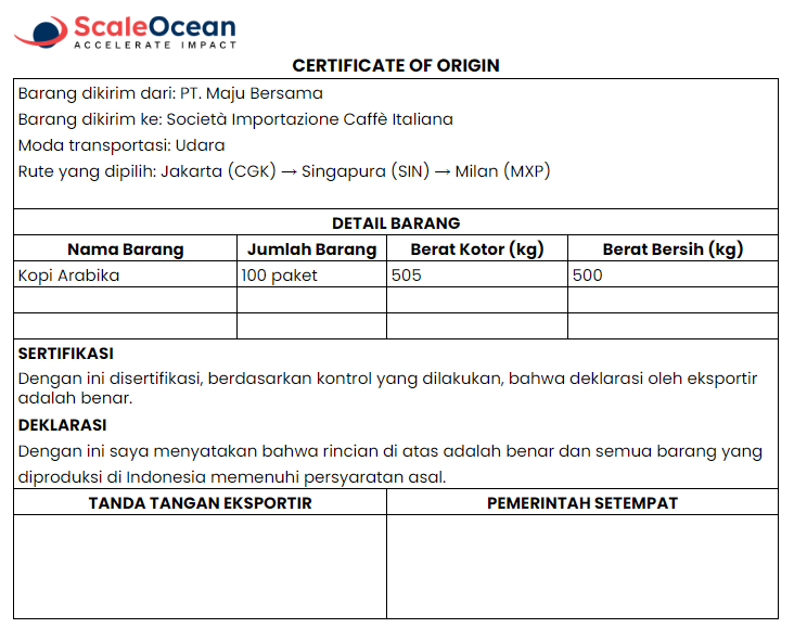 Contoh Certificate of Origin