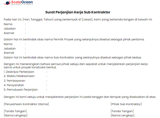 contoh surat perjanjian sub kontraktor